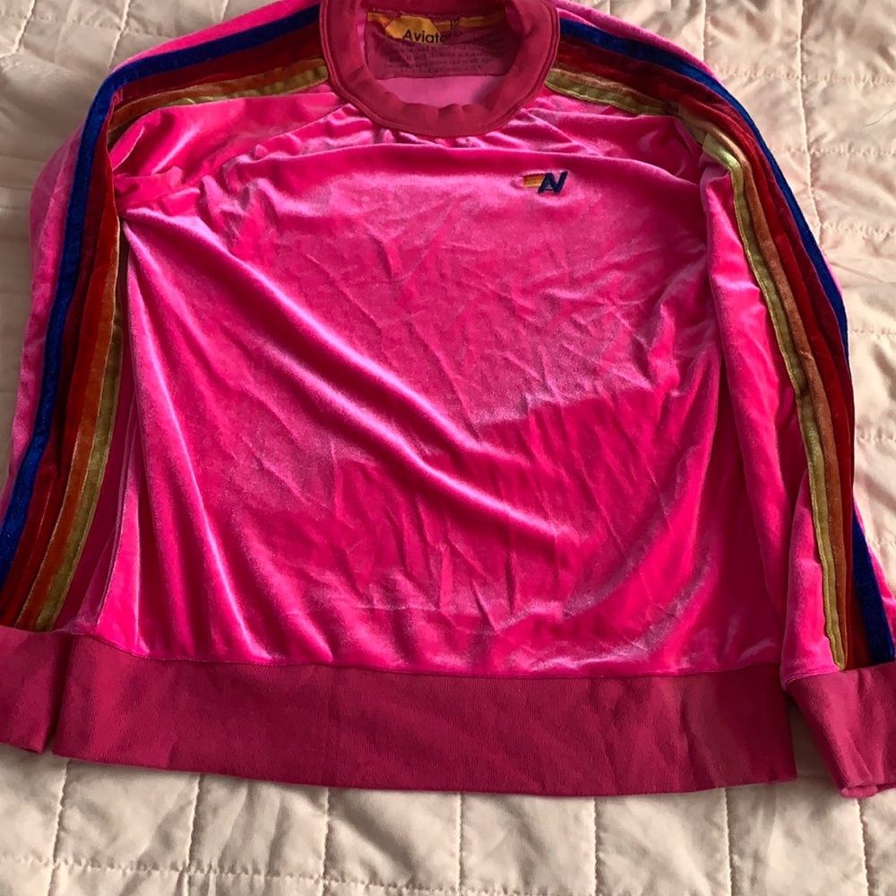 Aviator Nation Pink Long Sleeve Tee with Rainbow Stripes